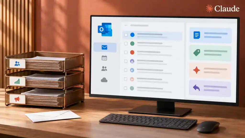 Illustration zum Praxisvideo: Claude Cowork für Outlook Microsoft 365: E-Mails automatisch sortieren, zusammenfassen und beantworten