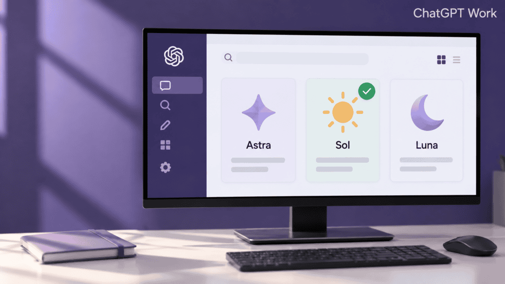 Monitor mit den ChatGPT-Modellen Astra, Sol und Luna in einer violetten Büroumgebung