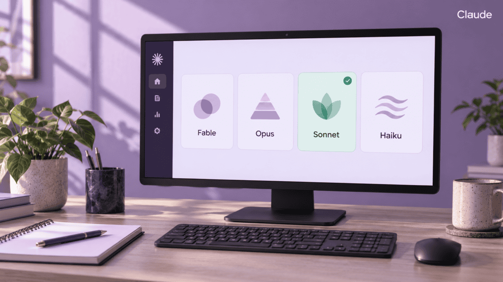 Monitor mit den Claude-Modellen Fable, Opus, Sonnet und Haiku in einer violetten Büroumgebung