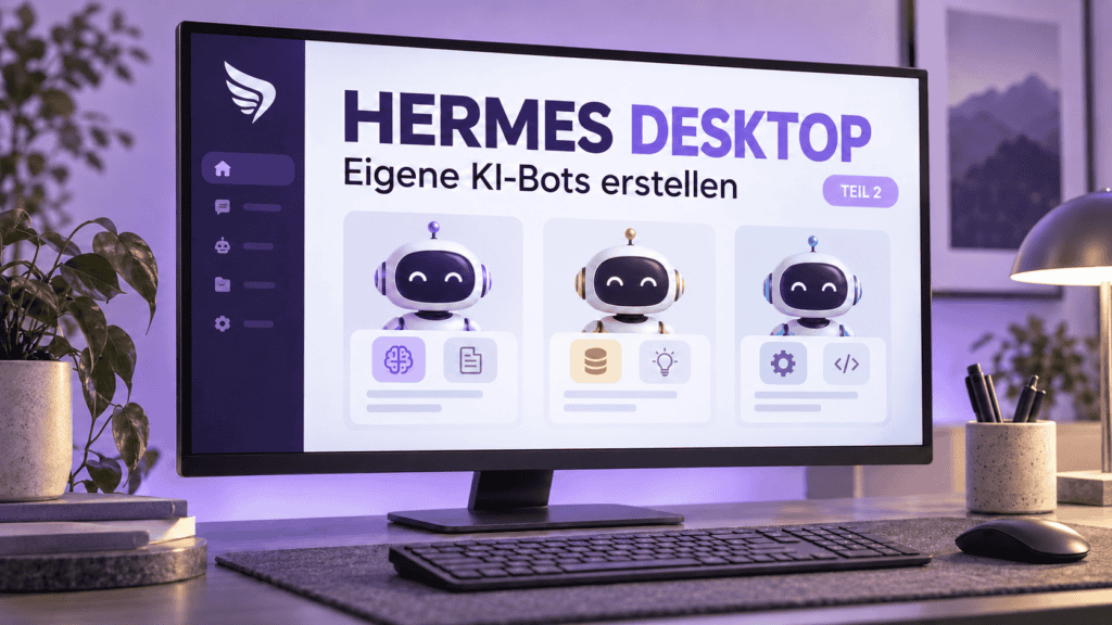 Hermes Desktop auf einem Monitor mit drei KI-Bots in einer violetten Büroumgebung – Teil 2